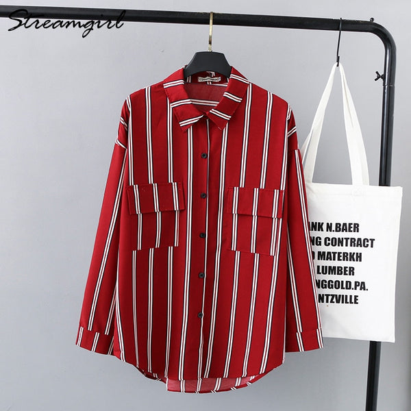 Striped Shirt Blouse Women Loose Double Pocket