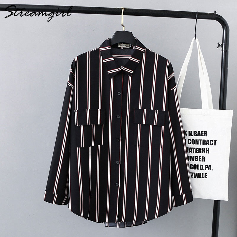 Striped Shirt Blouse Women Loose Double Pocket