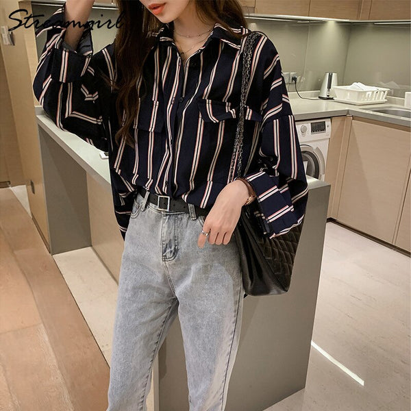 Striped Shirt Blouse Women Loose Double Pocket