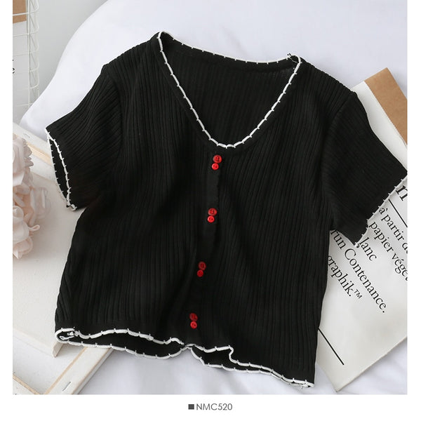 T-shirts Women Flounce Hem Knitted Tee Female Cute Buttoned Up