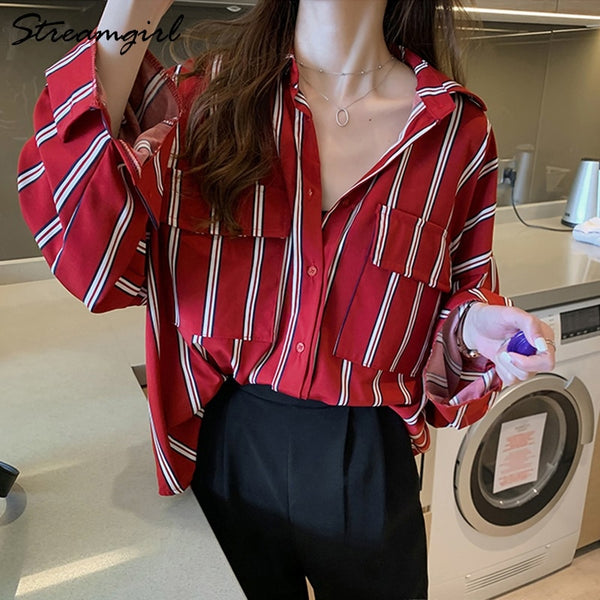 Striped Shirt Blouse Women Loose Double Pocket