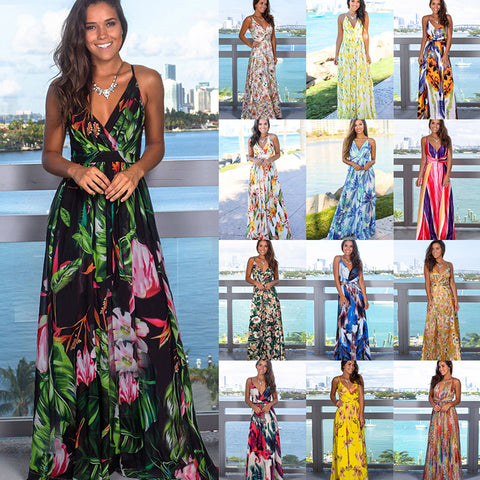 Multicolor Tropical Jungle Leaf Boho Long Dress