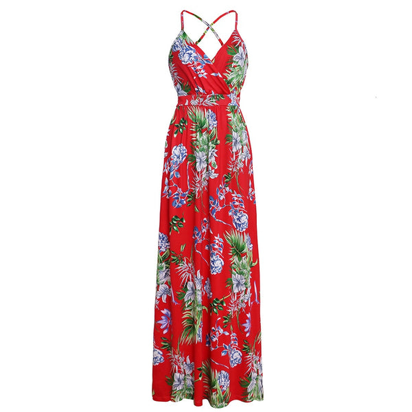 Multicolor Tropical Jungle Leaf Boho Long Dress