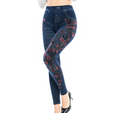 Women's Fashion High Waist Floral Print Imitation Denim Leggings