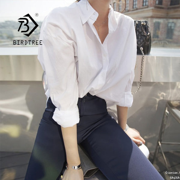 Women Solid Turn-down Collar White Shirt