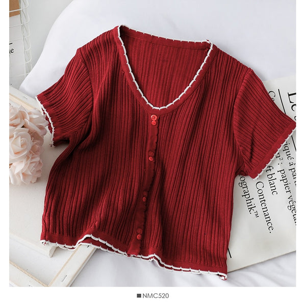 T-shirts Women Flounce Hem Knitted Tee Female Cute Buttoned Up