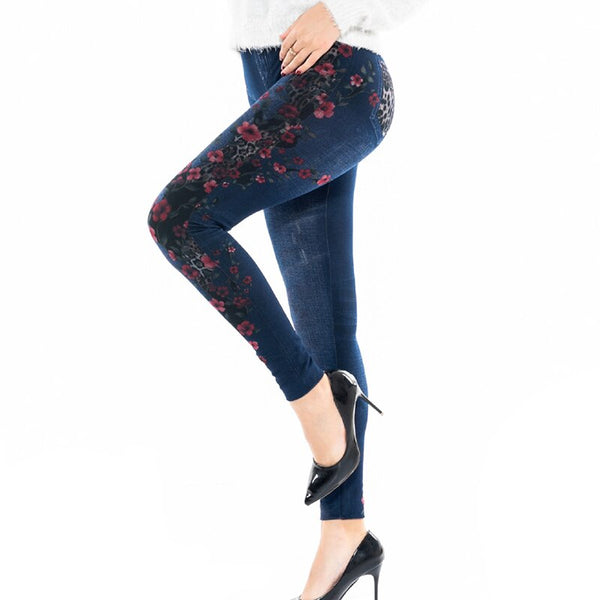 Women's Fashion High Waist Floral Print Imitation Denim Leggings