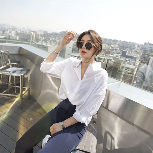 Women Solid Turn-down Collar White Shirt