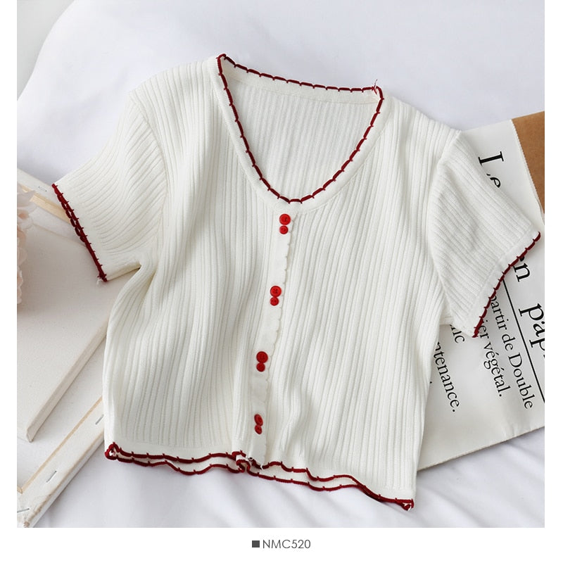 T-shirts Women Flounce Hem Knitted Tee Female Cute Buttoned Up