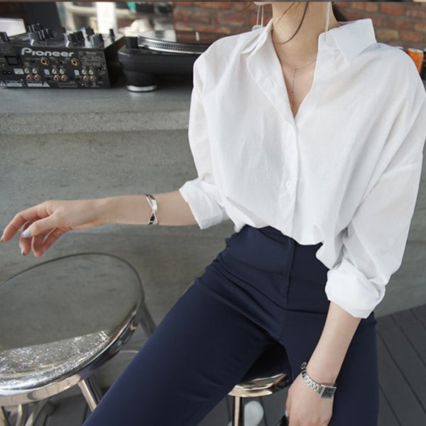 Women Solid Turn-down Collar White Shirt