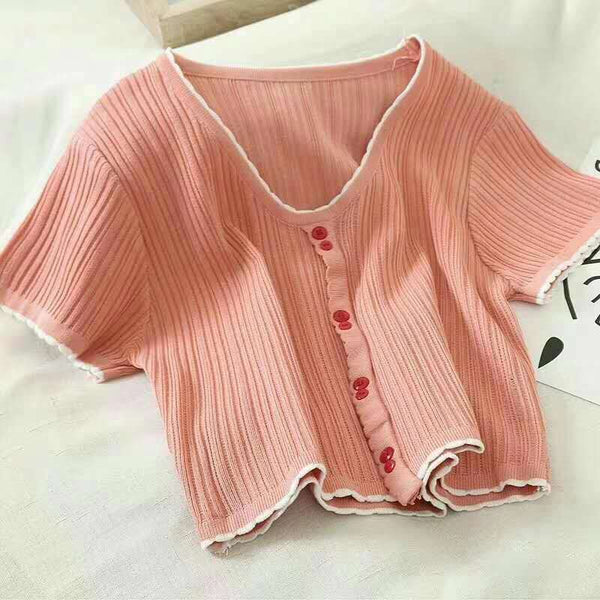 T-shirts Women Flounce Hem Knitted Tee Female Cute Buttoned Up