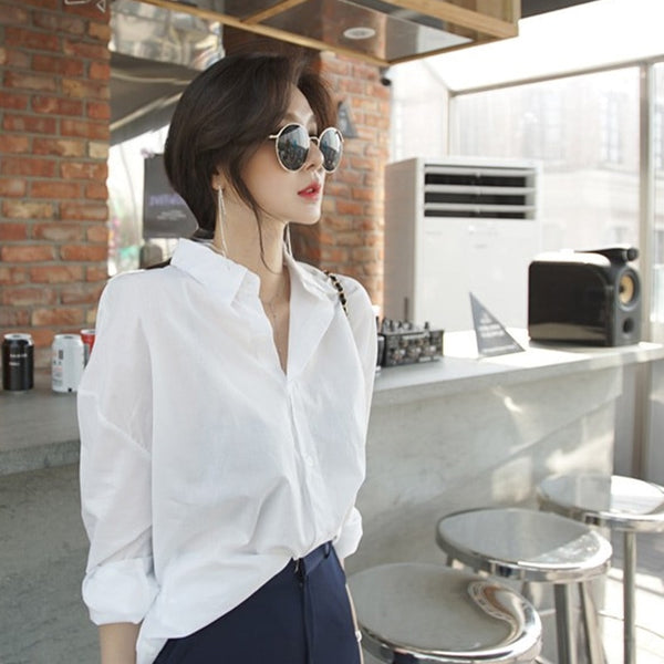 Women Solid Turn-down Collar White Shirt