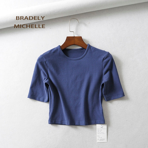 Sexy female pure cotton o-neck half-length sleeve