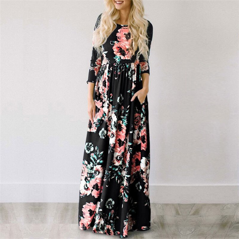 Summer Long Dress Floral Print Boho Beach Dress