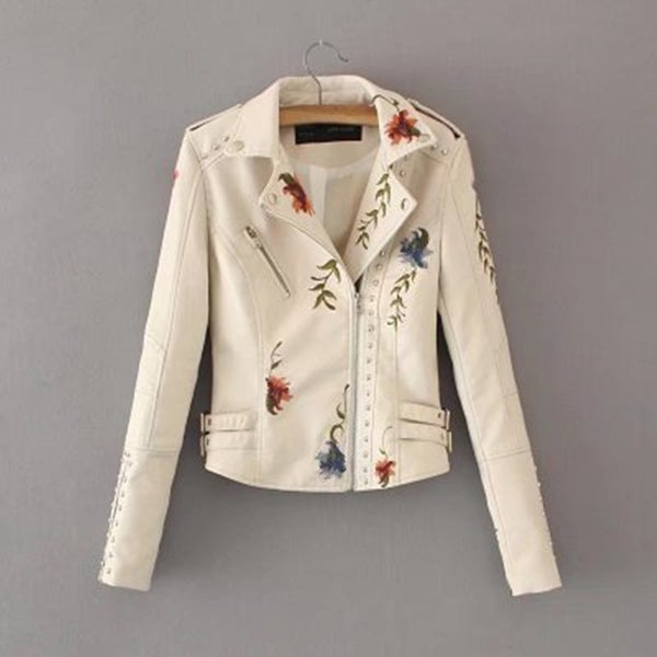 Flower Embroidery Faux Leather Jacket