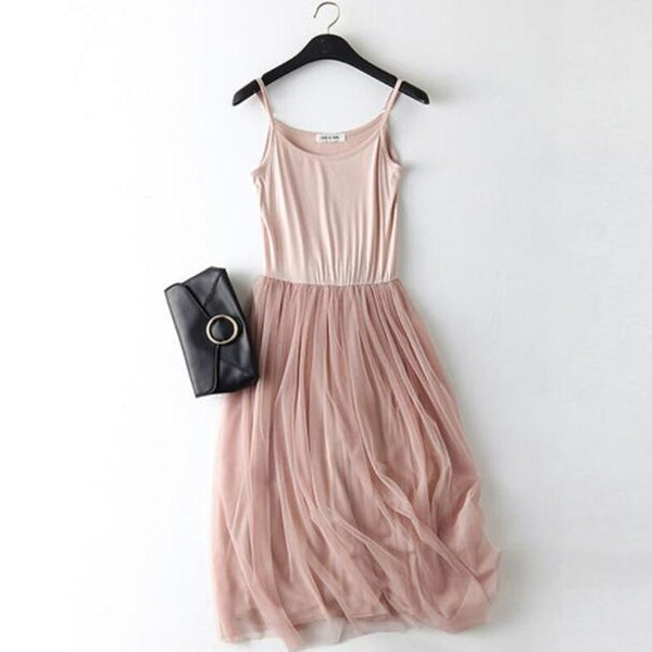 Sleeveless Mesh patchwork basic spaghetti strap Dress