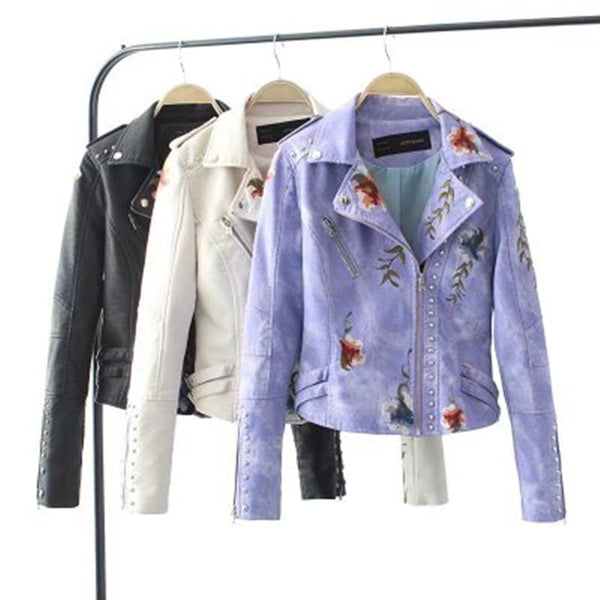 Flower Embroidery Faux Leather Jacket