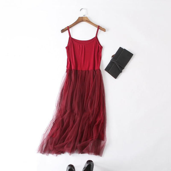 Sleeveless Mesh patchwork basic spaghetti strap Dress