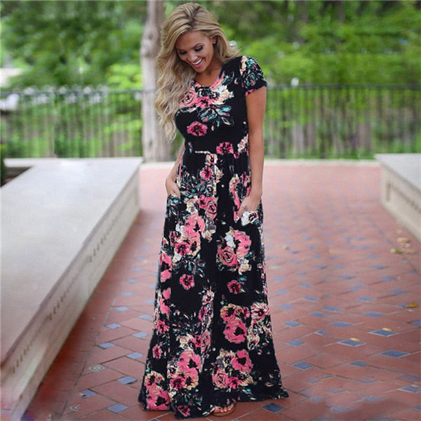 Summer Long Dress Floral Print Boho Beach Dress