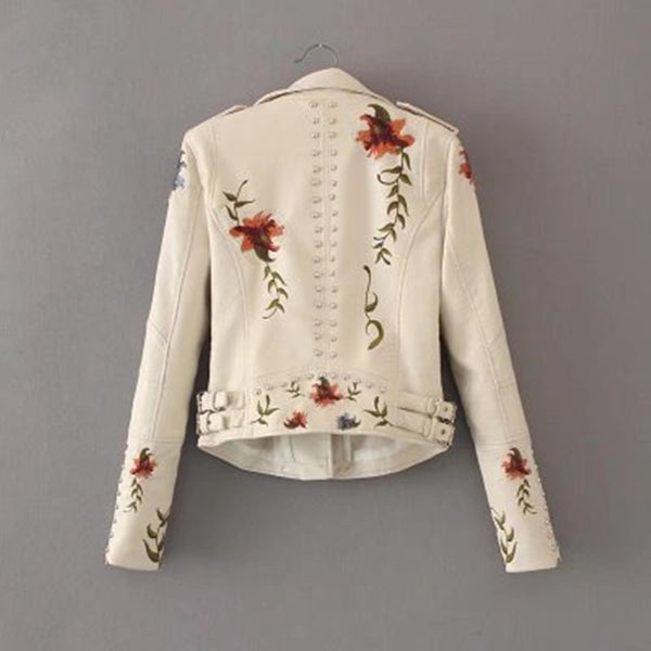 Flower Embroidery Faux Leather Jacket