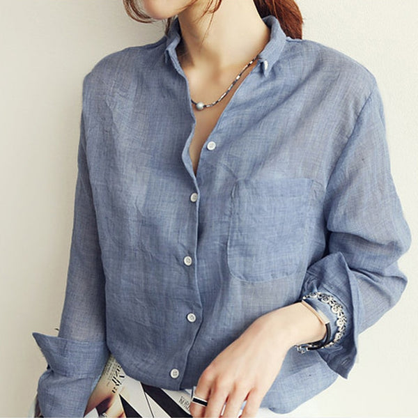 Summer Linen Women Long Sleeve Blouse