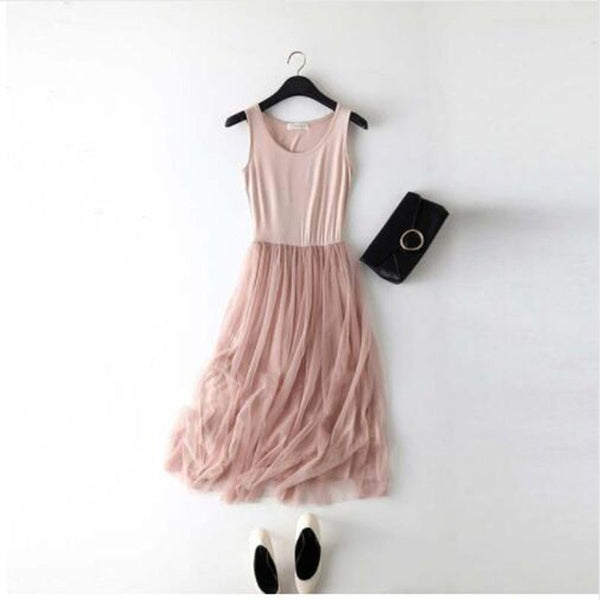 Sleeveless Mesh patchwork basic spaghetti strap Dress