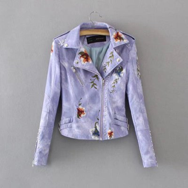 Flower Embroidery Faux Leather Jacket