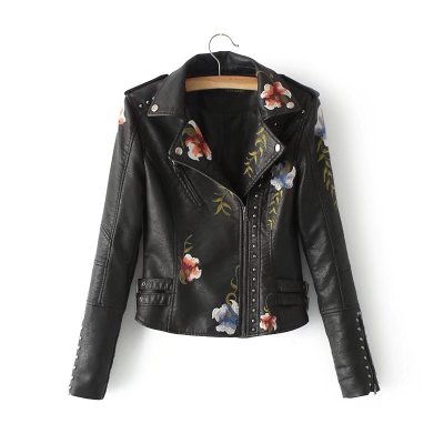 Flower Embroidery Faux Leather Jacket