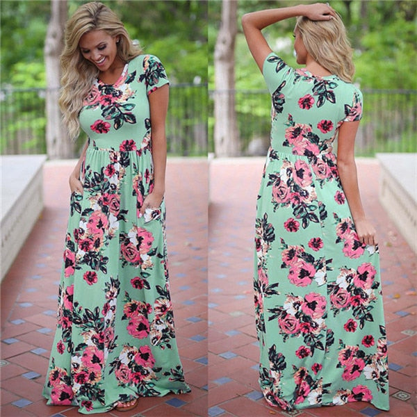 Summer Long Dress Floral Print Boho Beach Dress