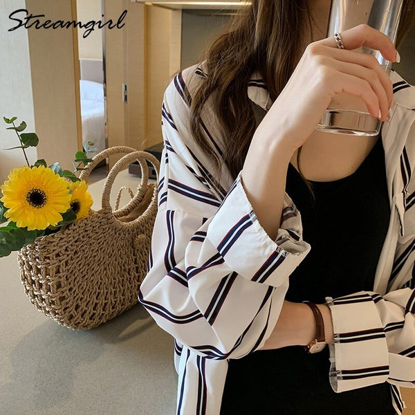 Striped Shirt Blouse Women Loose Double Pocket