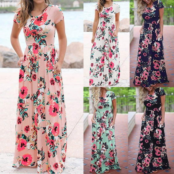 Summer Long Dress Floral Print Boho Beach Dress