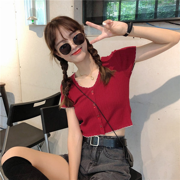 T-shirts Women Flounce Hem Knitted Tee Female Cute Buttoned Up