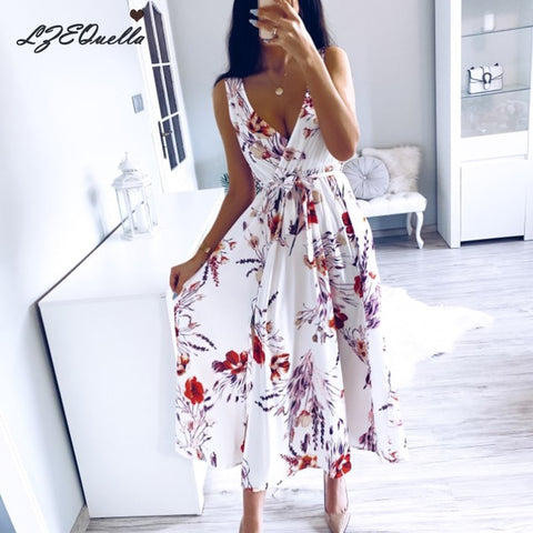 Women Sexy Beach Sundress Floral Print Split Dress