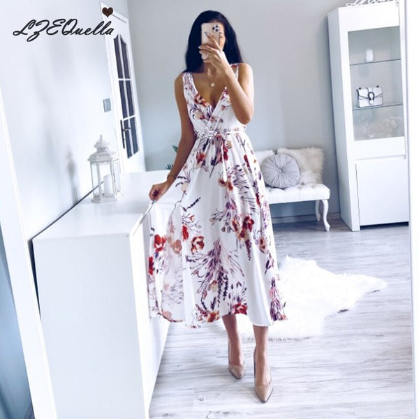 Women Sexy Beach Sundress Floral Print Split Dress