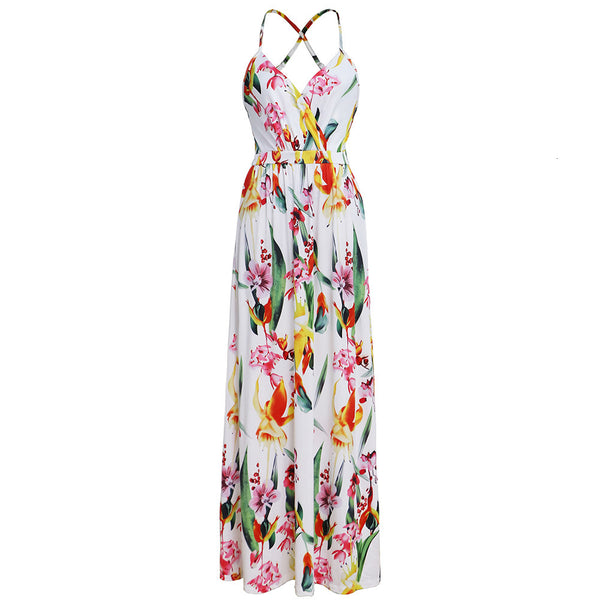 Multicolor Tropical Jungle Leaf Boho Long Dress