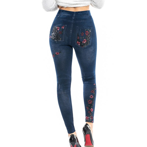 Women's Fashion High Waist Floral Print Imitation Denim Leggings