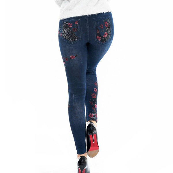 Women's Fashion High Waist Floral Print Imitation Denim Leggings