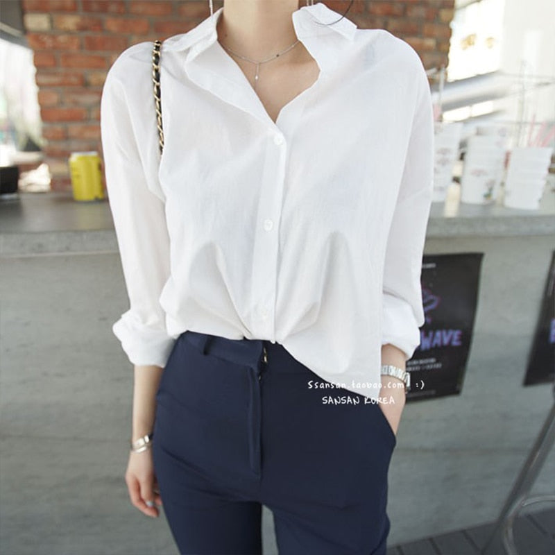 Women Solid Turn-down Collar White Shirt