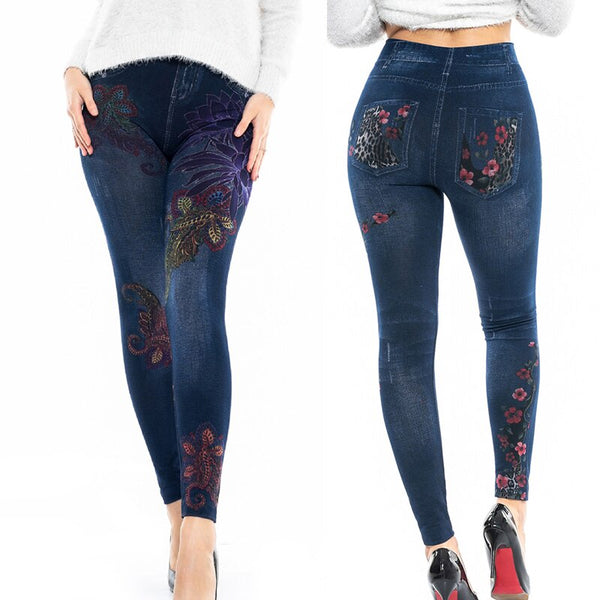 Women's Fashion High Waist Floral Print Imitation Denim Leggings