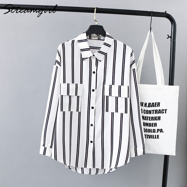 Striped Shirt Blouse Women Loose Double Pocket