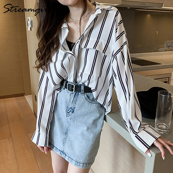 Striped Shirt Blouse Women Loose Double Pocket