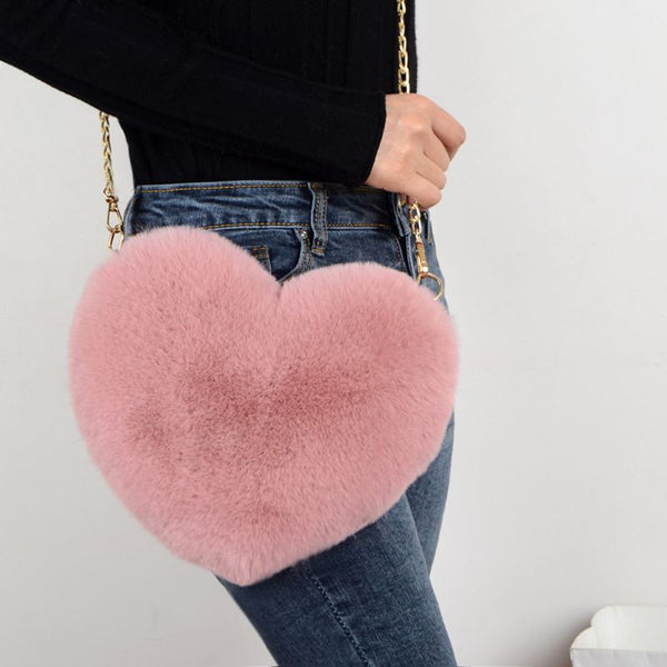 Women Heart Shape Faux Fur tote handbag