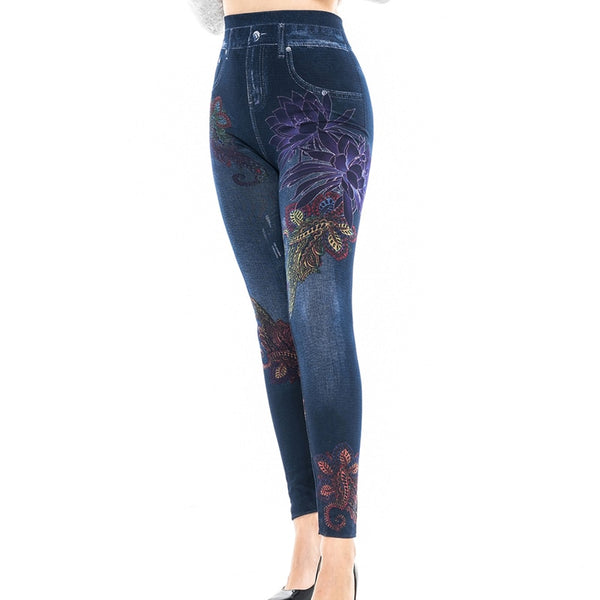 Women's Fashion High Waist Floral Print Imitation Denim Leggings