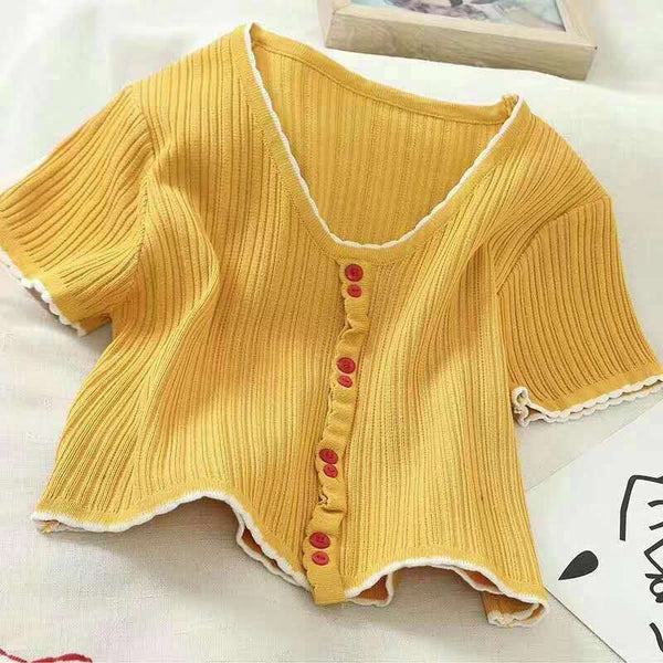 T-shirts Women Flounce Hem Knitted Tee Female Cute Buttoned Up