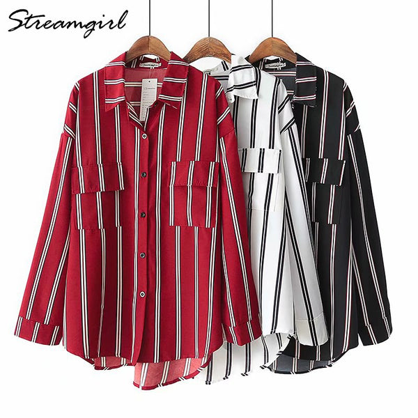 Striped Shirt Blouse Women Loose Double Pocket