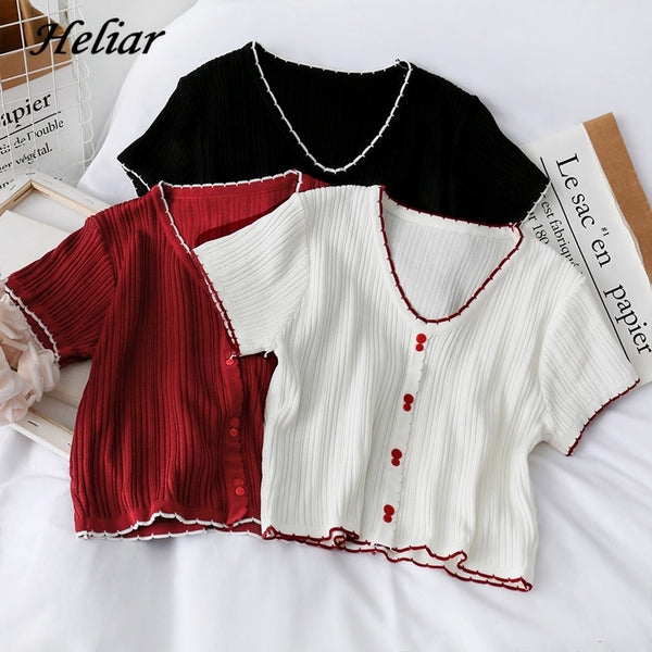 T-shirts Women Flounce Hem Knitted Tee Female Cute Buttoned Up