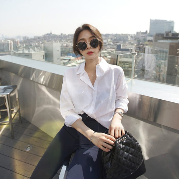 Women Solid Turn-down Collar White Shirt