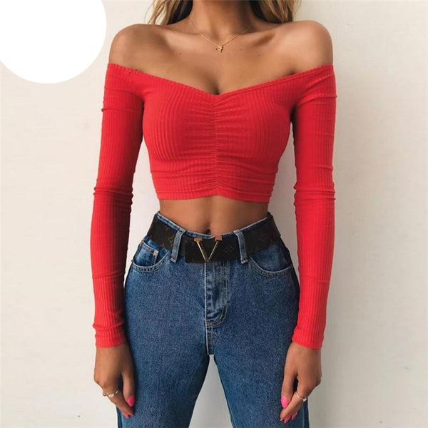 Women club fashion off shoulder solid color