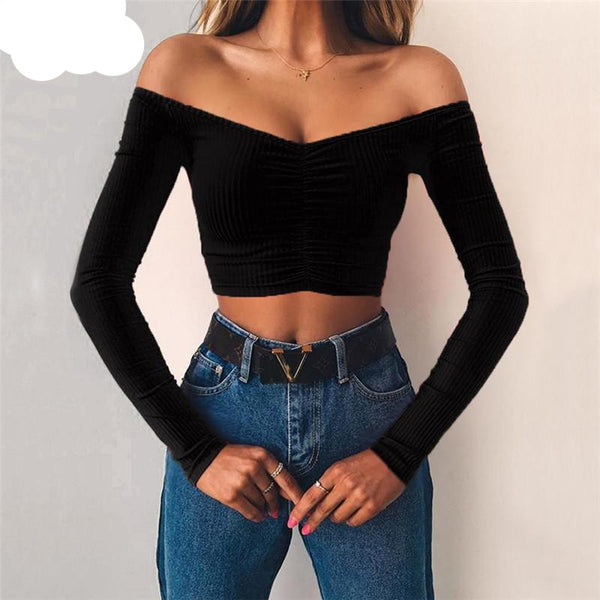 Women club fashion off shoulder solid color